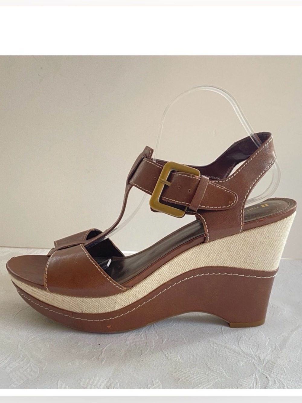 Naturalizer Brown Leather Platform Wedge Sandals with Tan Raffia Trim